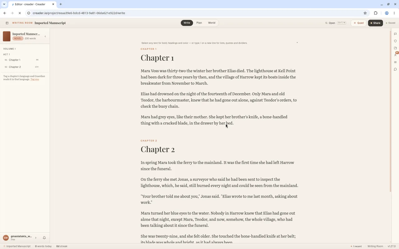 Creader writing room showing an imported two-chapter manuscript titled Imported Manuscript, 230 words