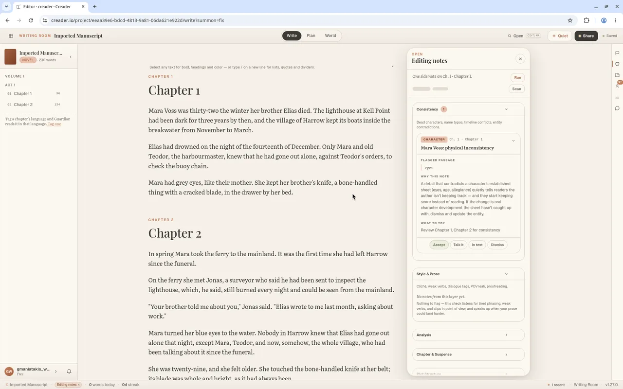 Creader editing notes with one consistency flag, Mara Voss physical inconsistency, and the flagged passage eyes