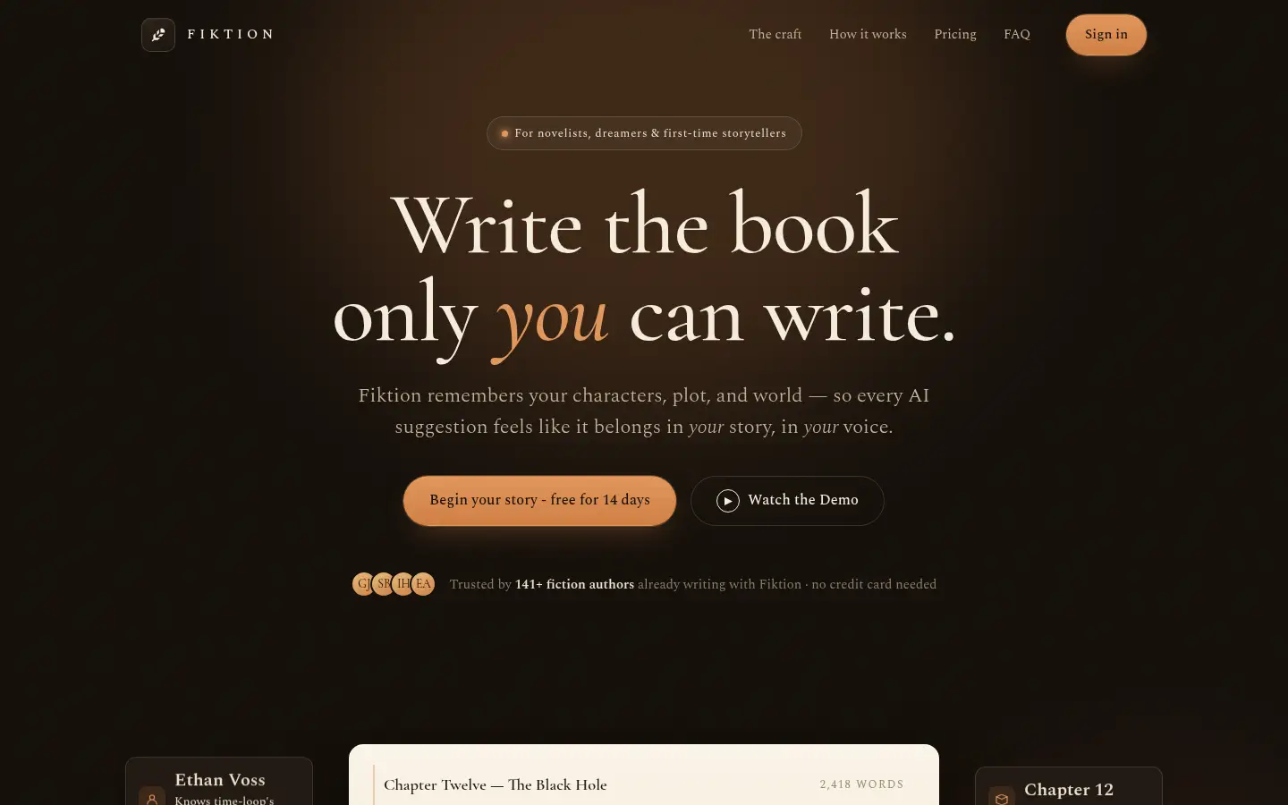 Fiktion home page with the headline Write the book only you can write