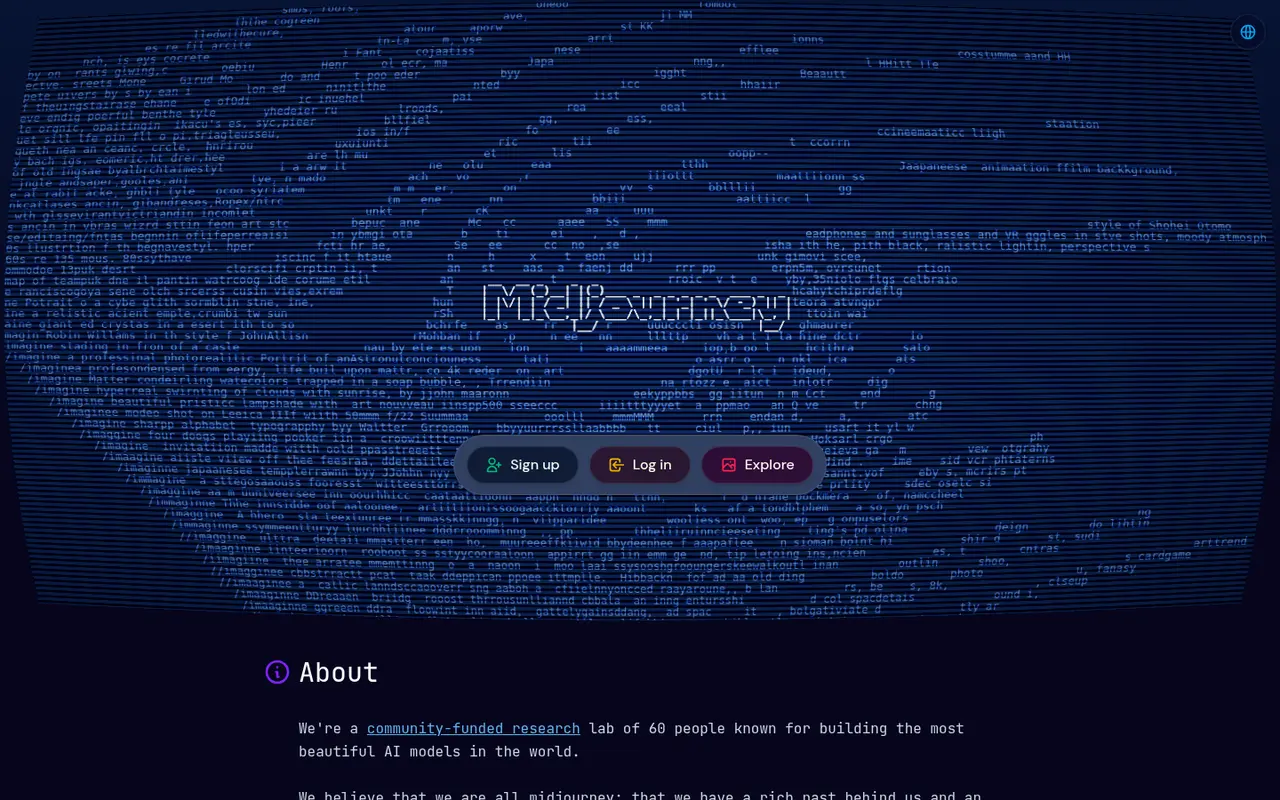 Screenshot of Midjourney's public home page