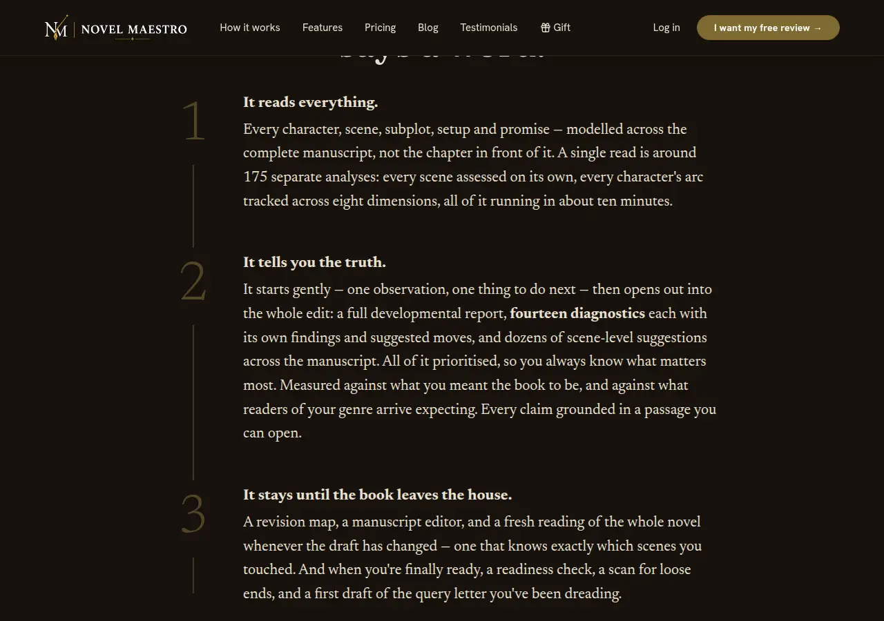 Screenshot of Novel Maestro's public home page, scrolled further down