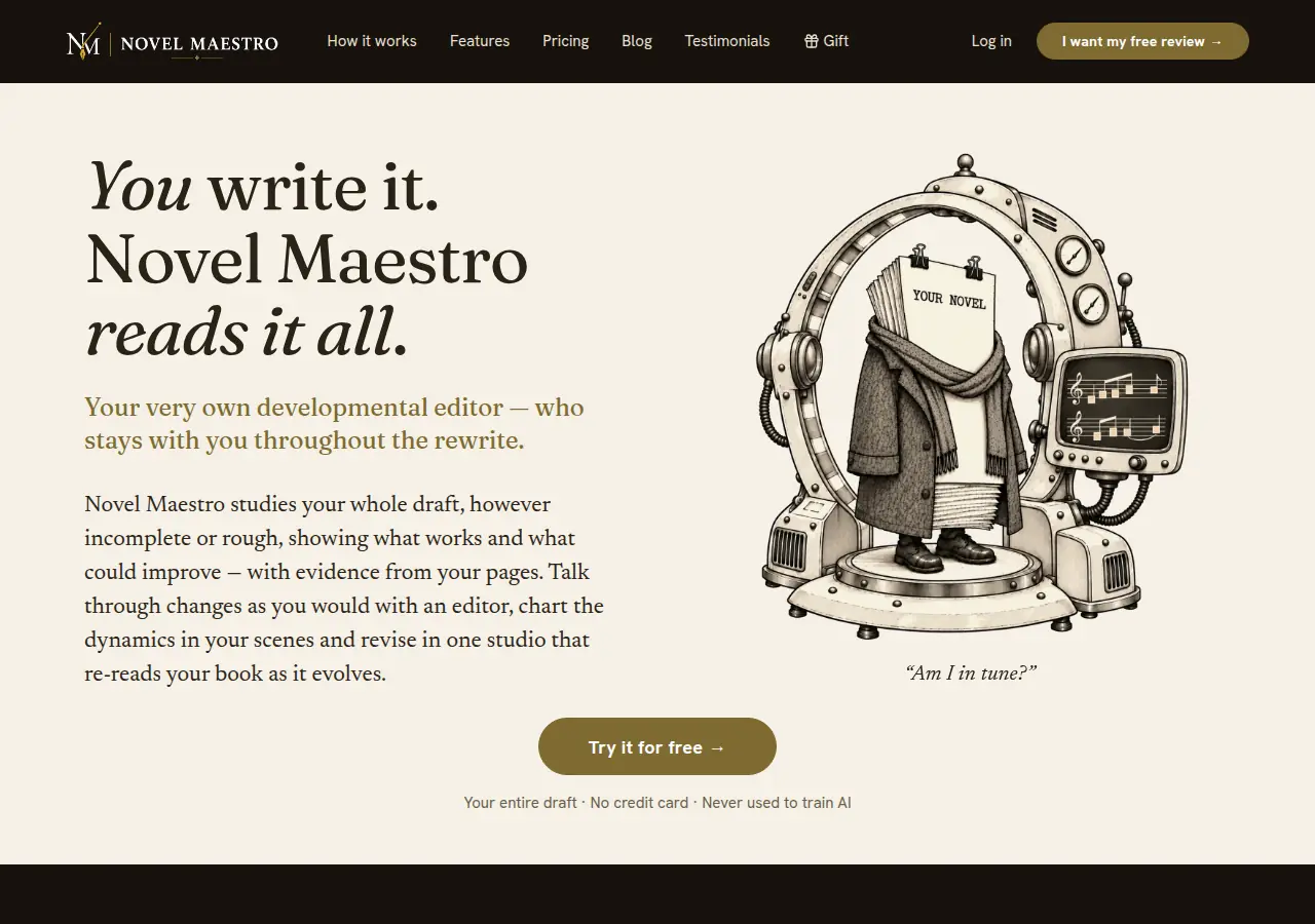 Screenshot of Novel Maestro's public home page
