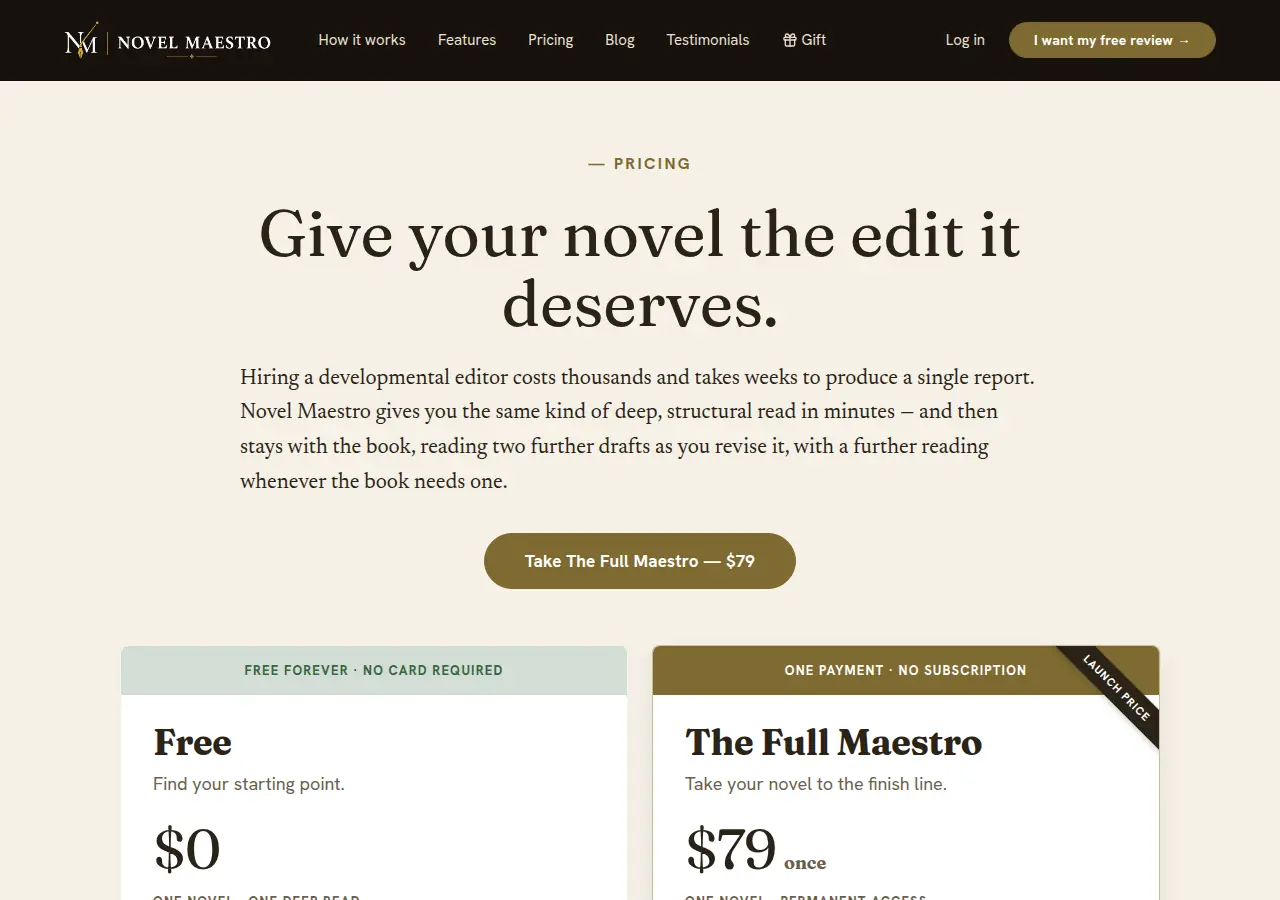 Screenshot of Novel Maestro's public pricing page