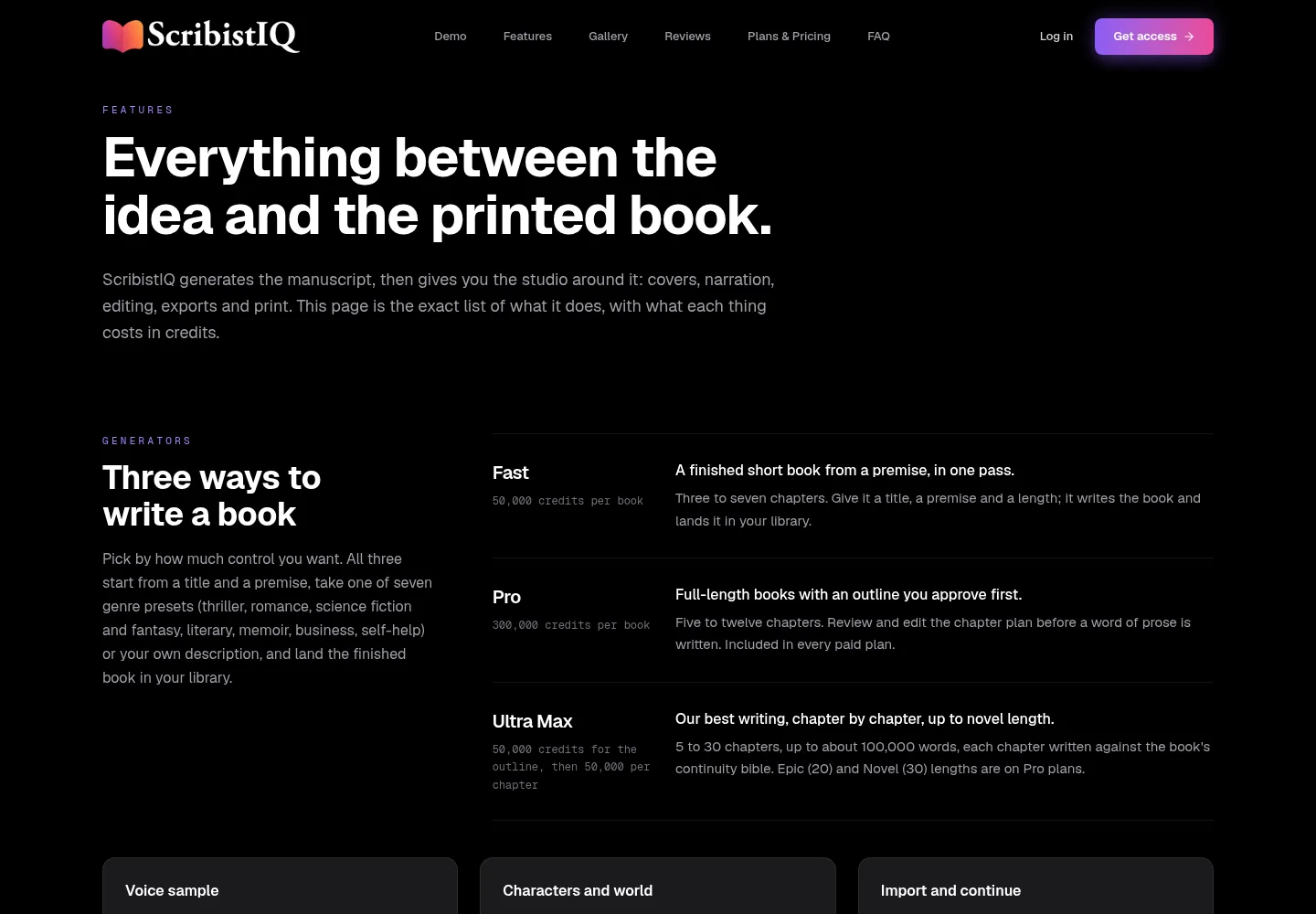 ScribistIQ features page listing the Fast, Pro, and Ultra Max generators