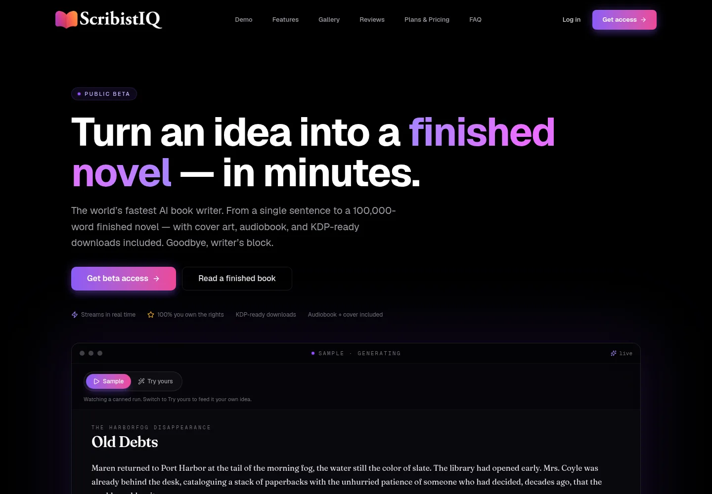 ScribistIQ home page with the headline Turn an idea into a finished novel in minutes