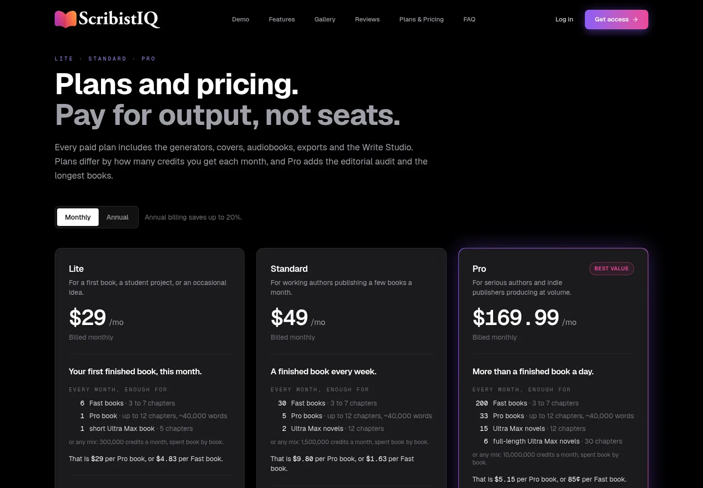 ScribistIQ pricing cards for Lite $29, Standard $49, and Pro $169.99 a month
