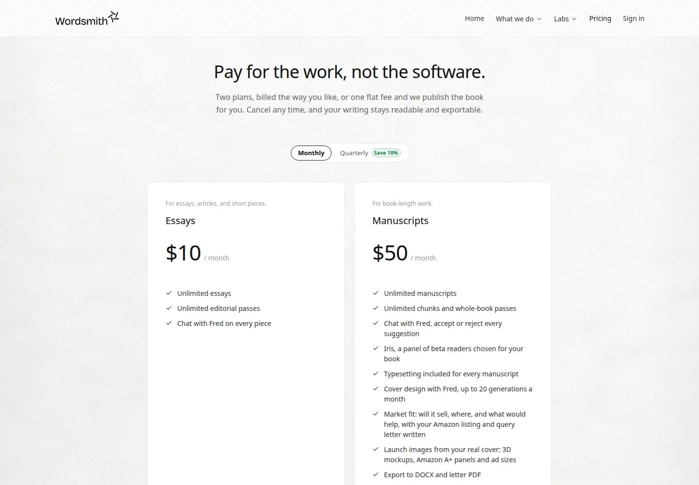 Wordsmith pricing cards for Essays at $10 a month and Manuscripts at $50 a month