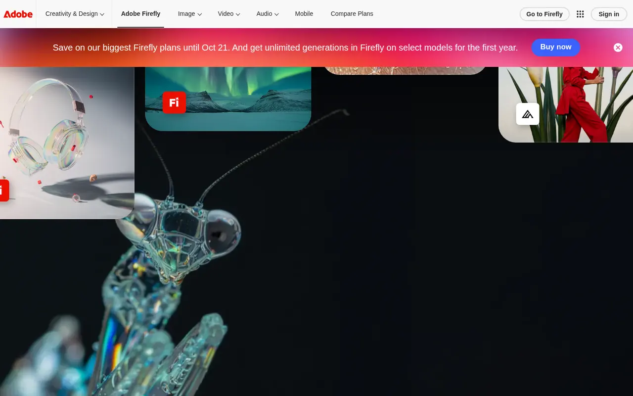 Screenshot of Adobe Firefly's public home page, scrolled further down