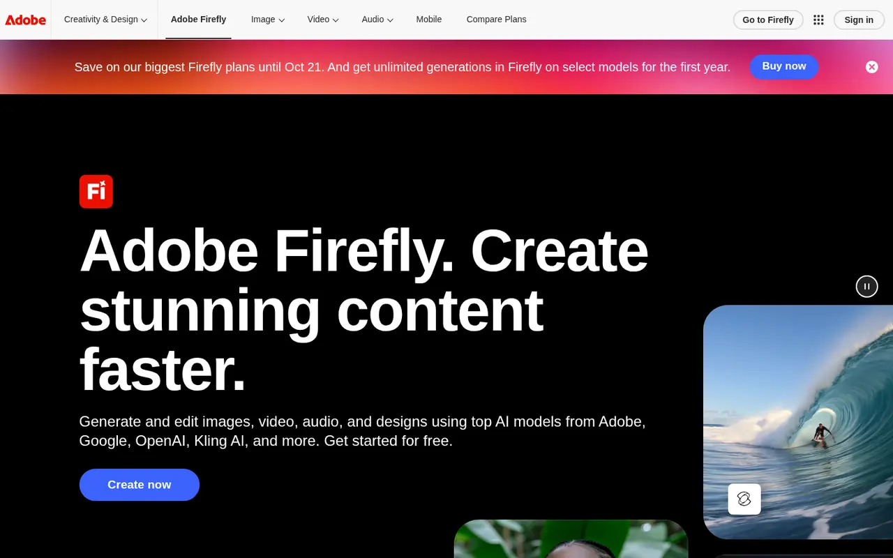 Screenshot of Adobe Firefly's public home page