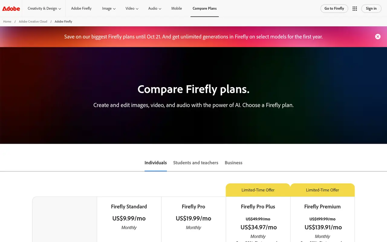 Screenshot of Adobe Firefly's public pricing page