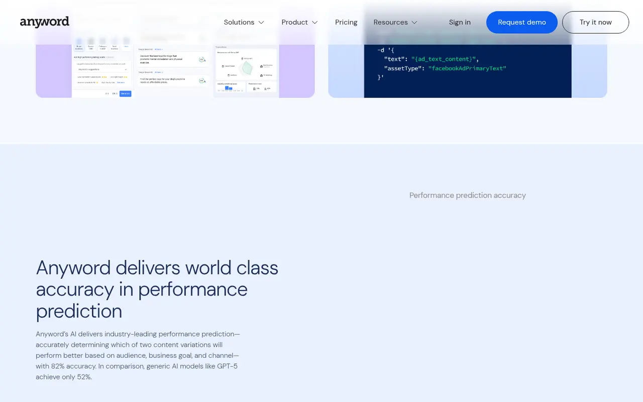 Screenshot of Anyword's public home page, scrolled further down