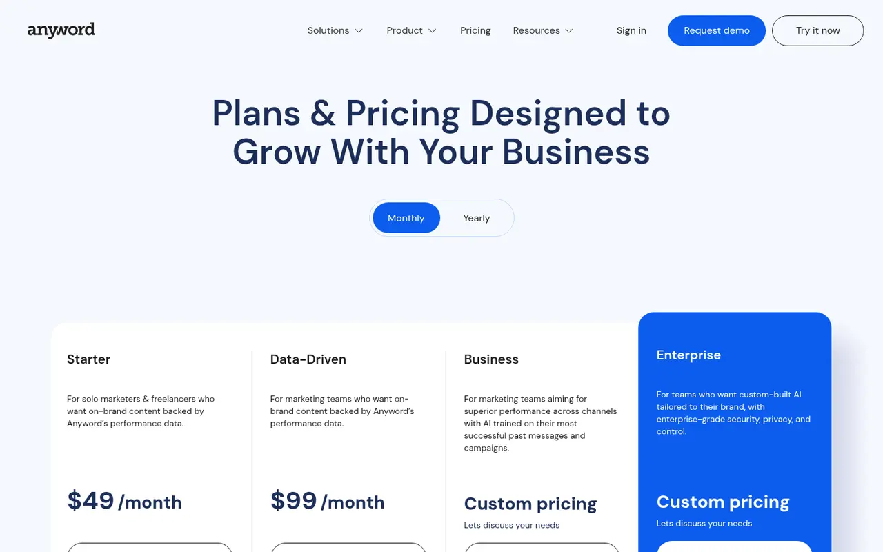 Screenshot of Anyword's public pricing page