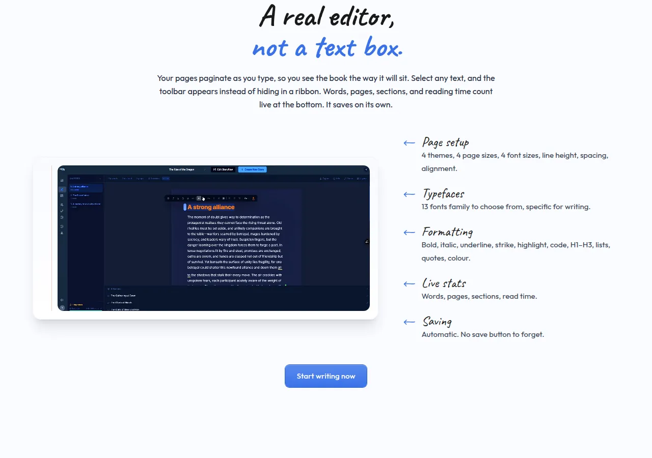 Screenshot of AuthorFlows's public home page, scrolled further down