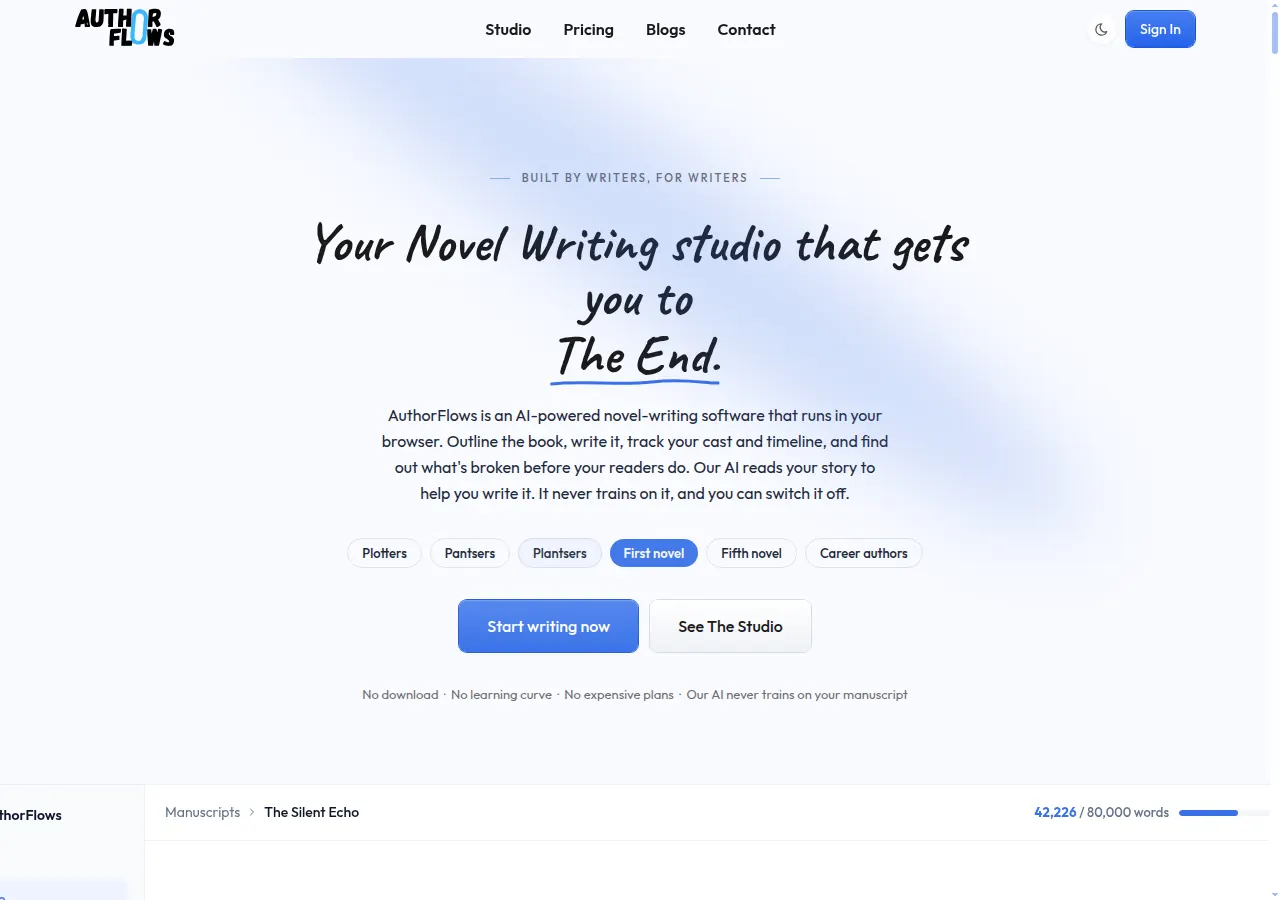 Screenshot of AuthorFlows's public home page