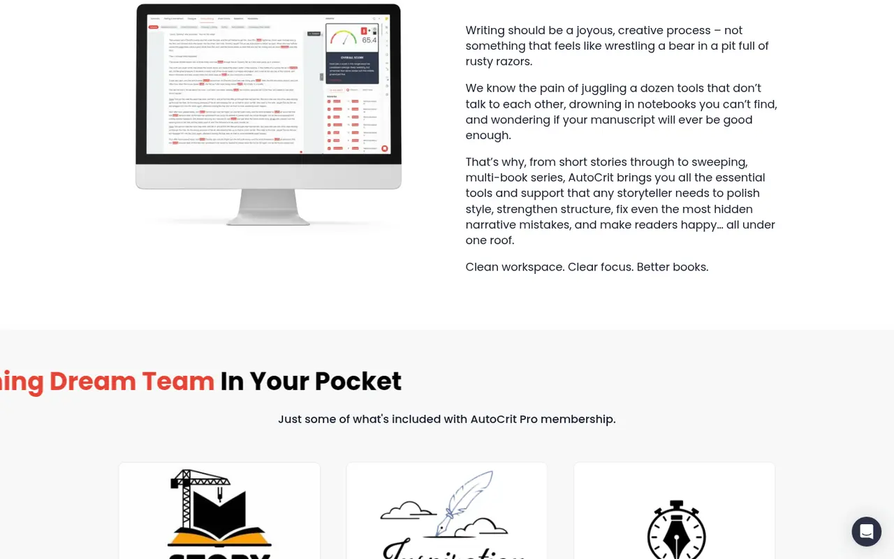 Screenshot of AutoCrit's public home page, scrolled further down