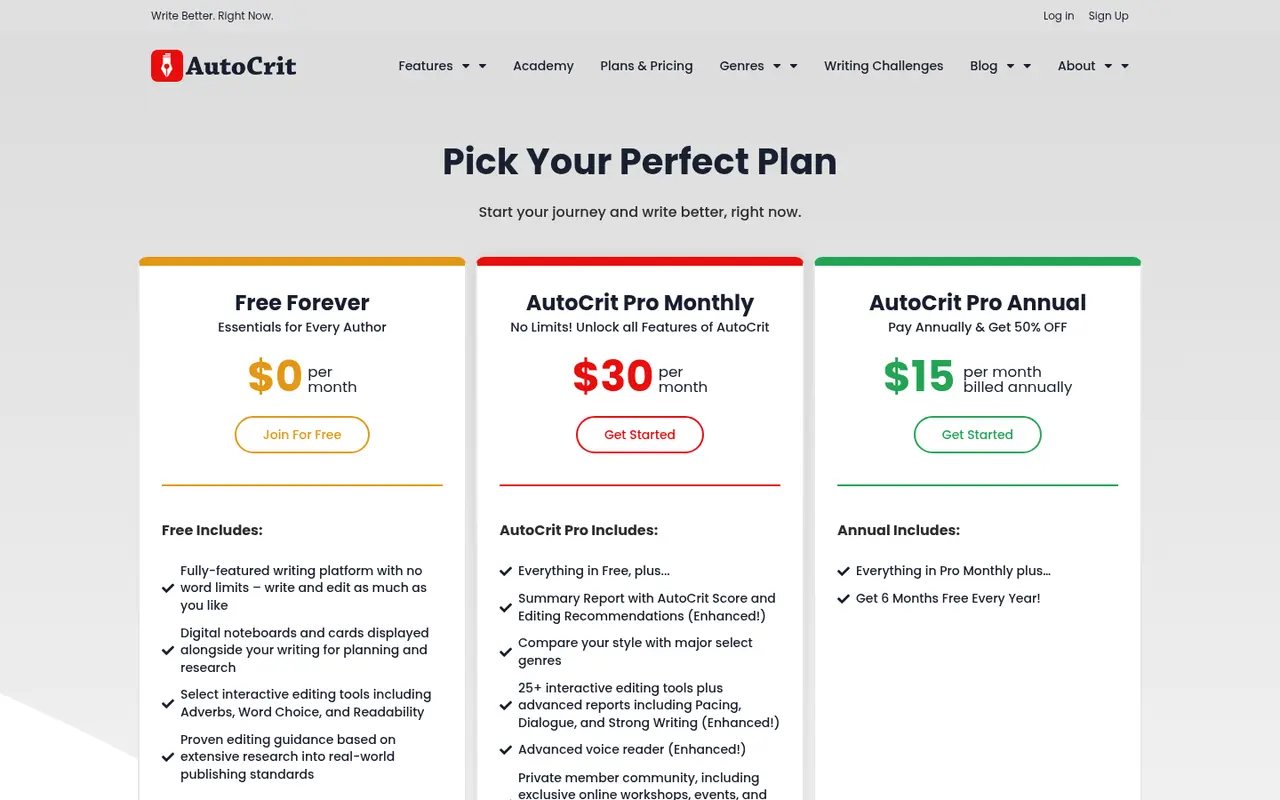 Screenshot of AutoCrit's public pricing page