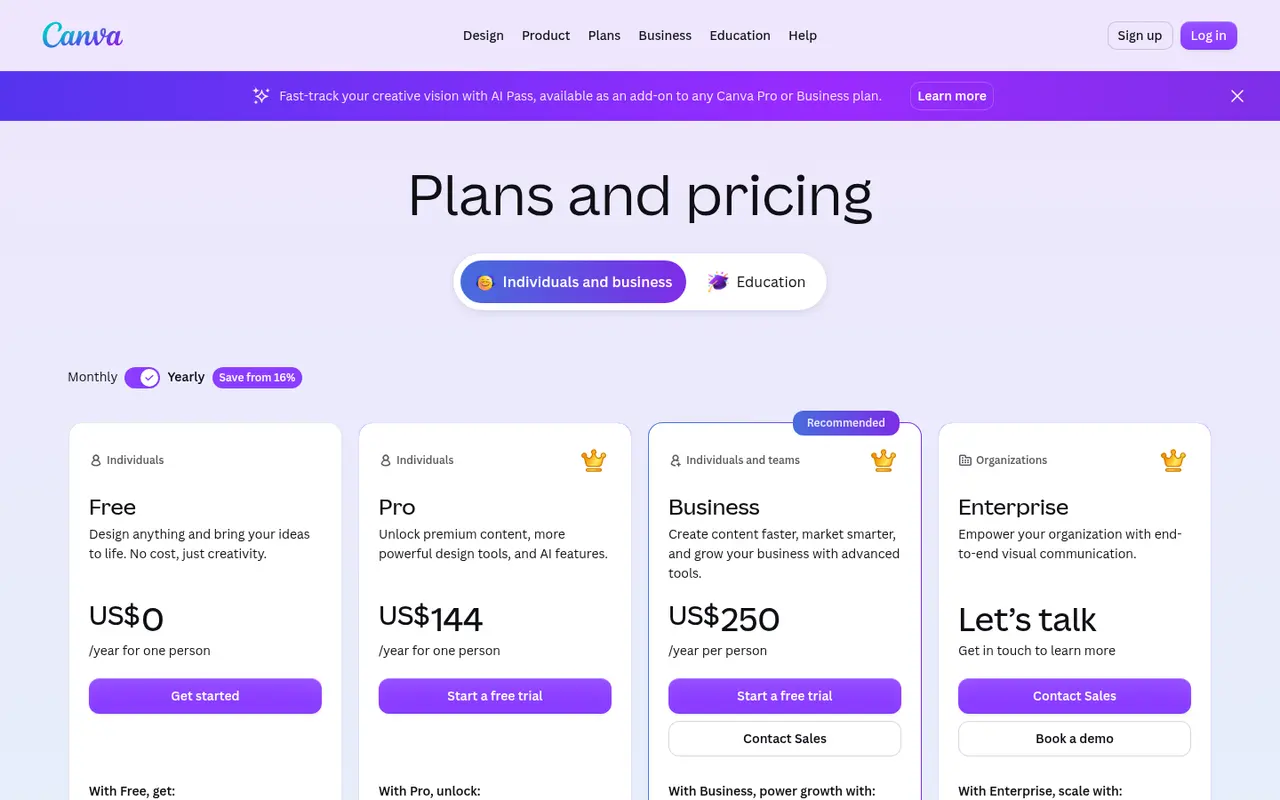 Screenshot of Canva Magic Studio's public pricing page
