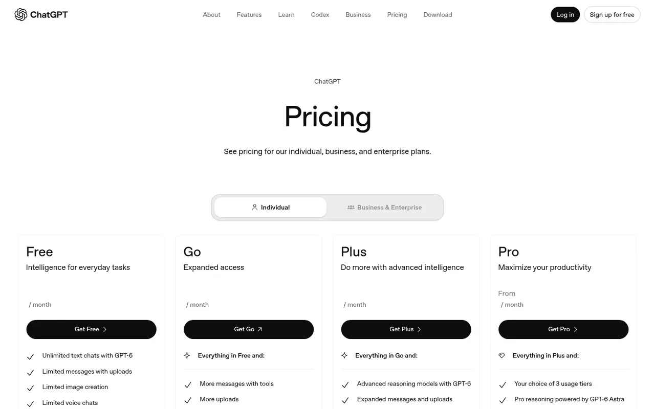 Screenshot of ChatGPT's public pricing page