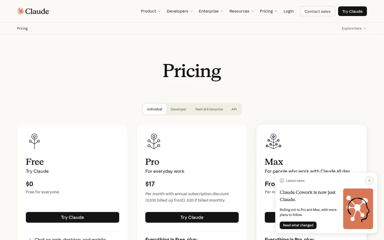 Screenshot of Claude's public pricing page