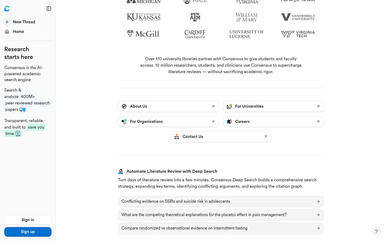 Screenshot of Consensus's public home page, scrolled further down