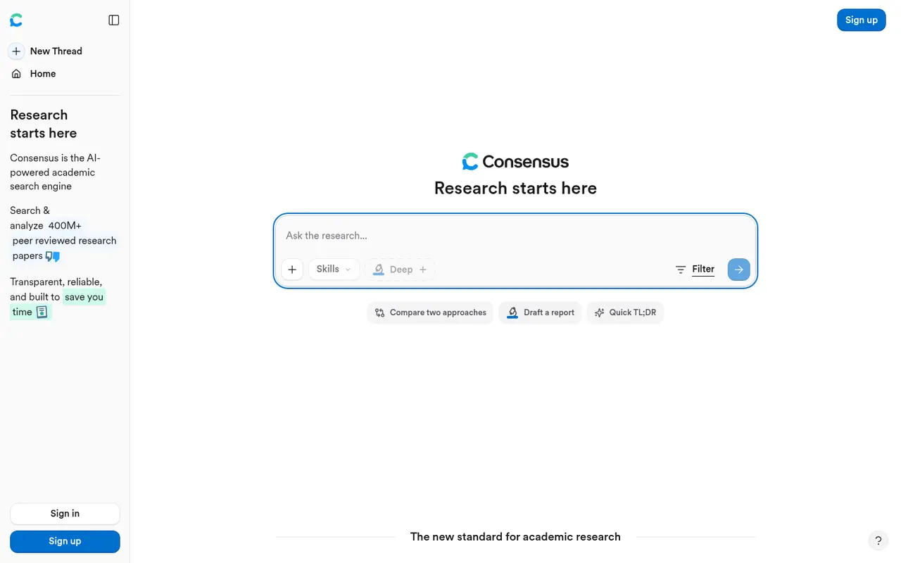 Screenshot of Consensus's public home page