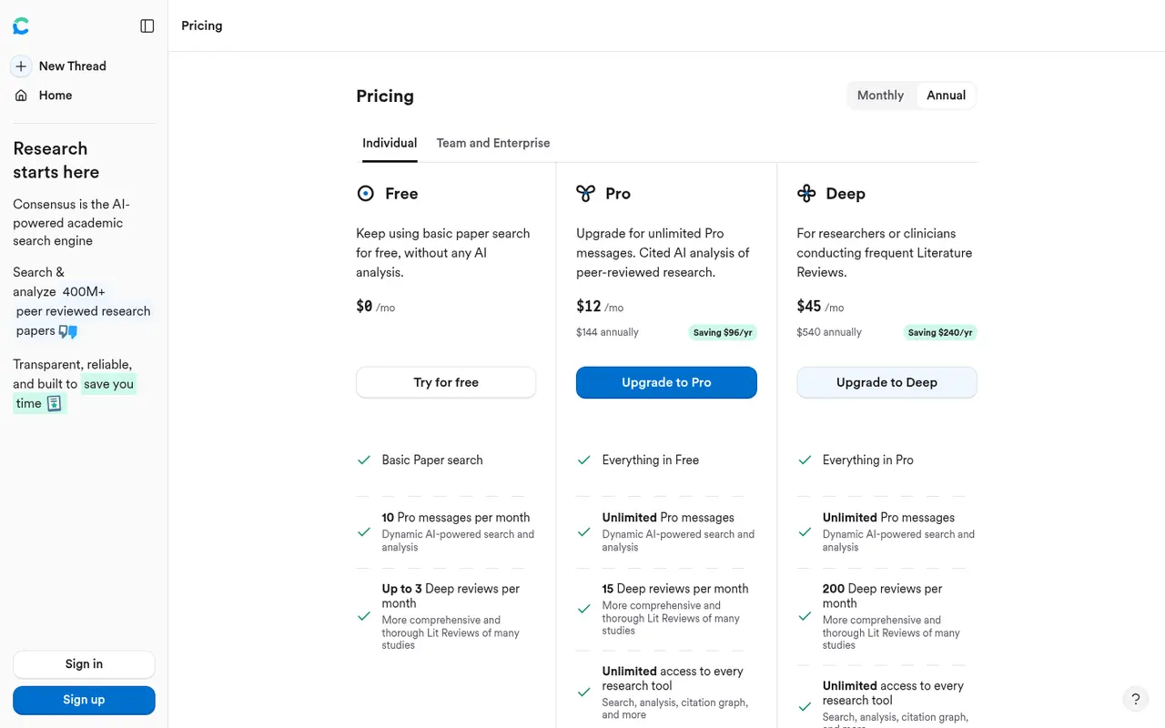 Screenshot of Consensus's public pricing page