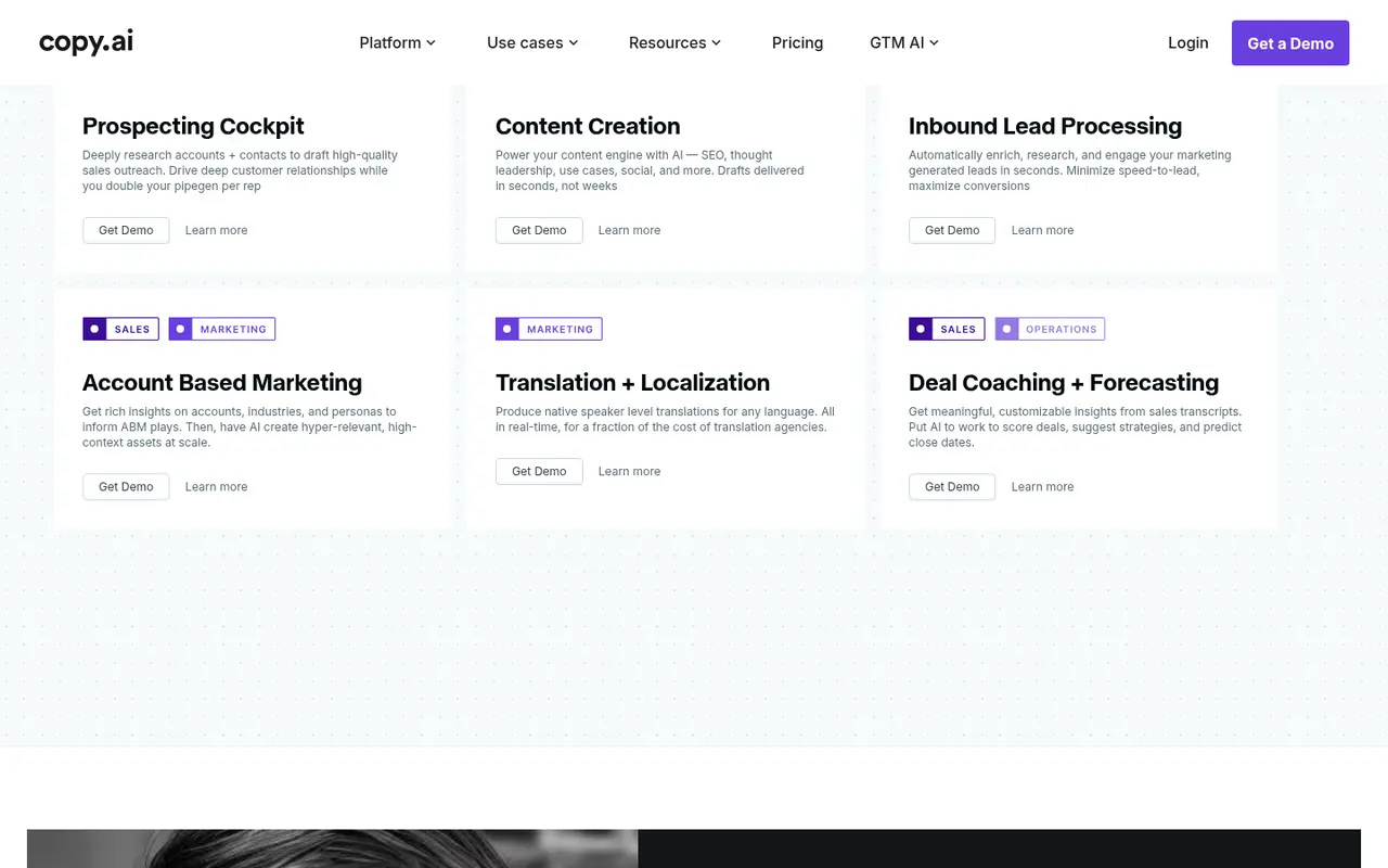 Screenshot of Copy.ai's public home page, scrolled further down