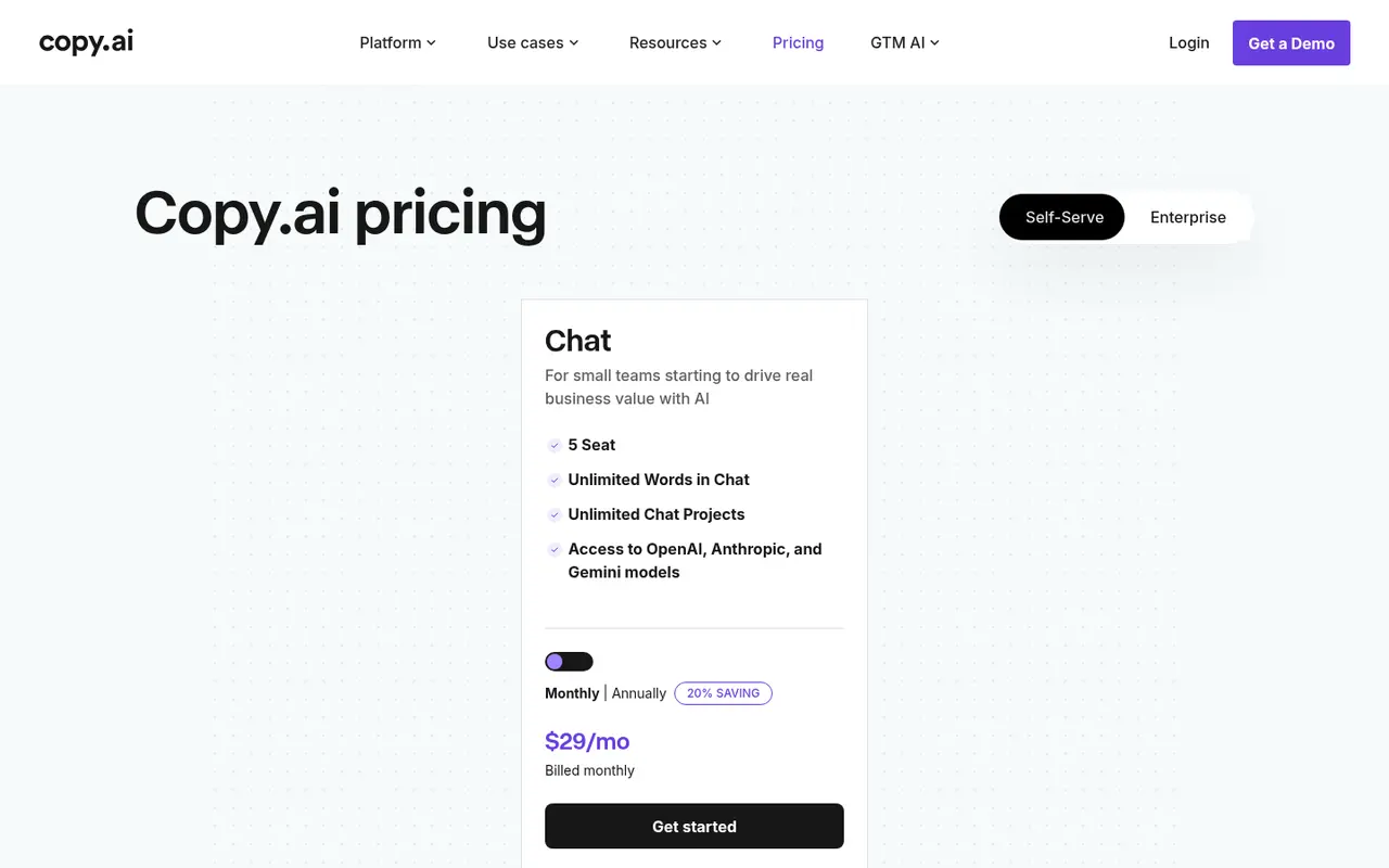 Screenshot of Copy.ai's public pricing page