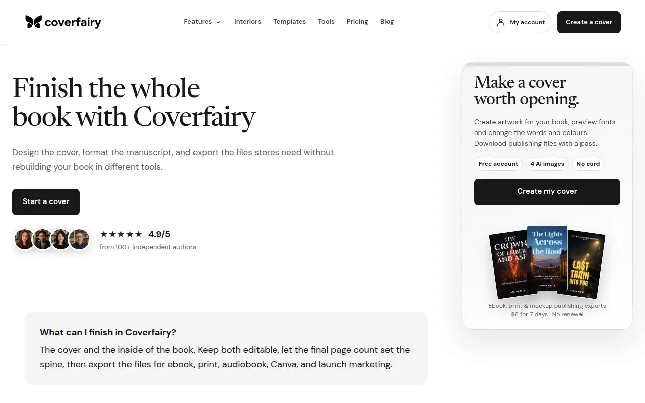 Coverfairy features page describing editable covers, interiors, and print wraps