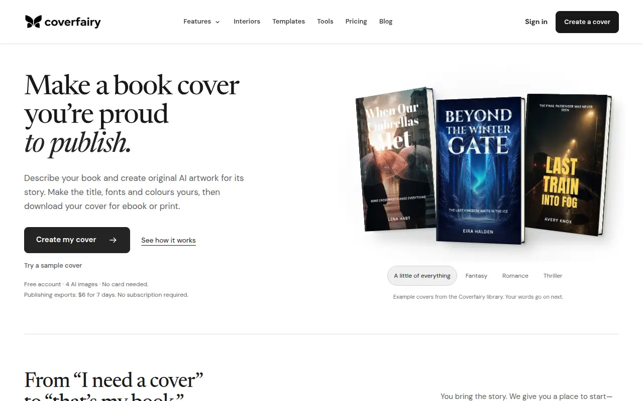 Coverfairy home page with the headline Make a book cover you're proud to publish