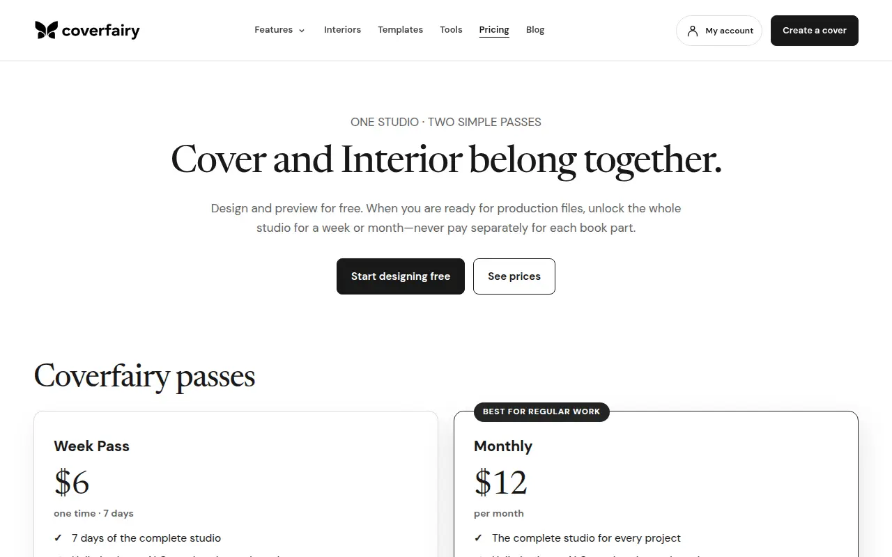 Coverfairy pricing with a $6 Week Pass and a $12 monthly plan