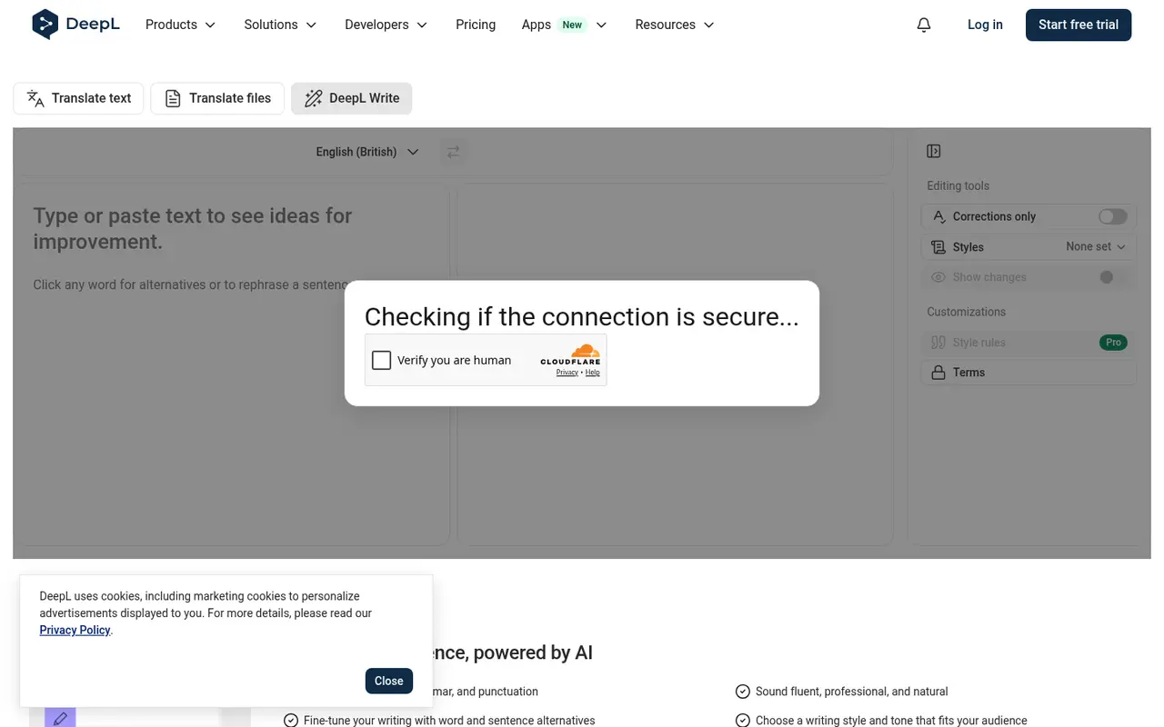 Screenshot of DeepL Write's public home page