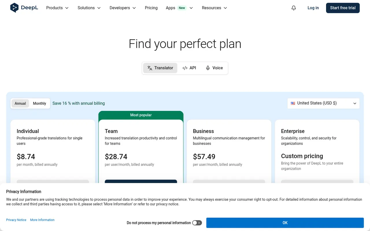 Screenshot of DeepL Write's public pricing page