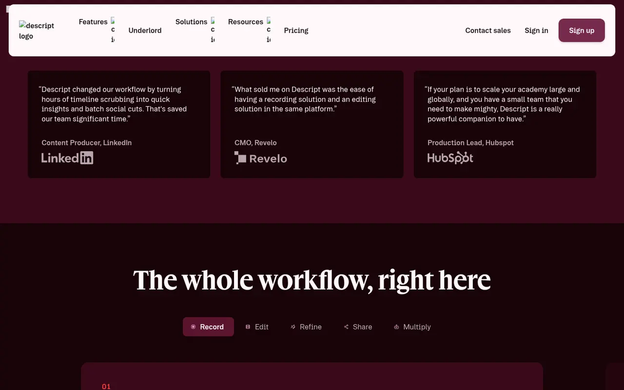 Screenshot of Descript's public home page, scrolled further down