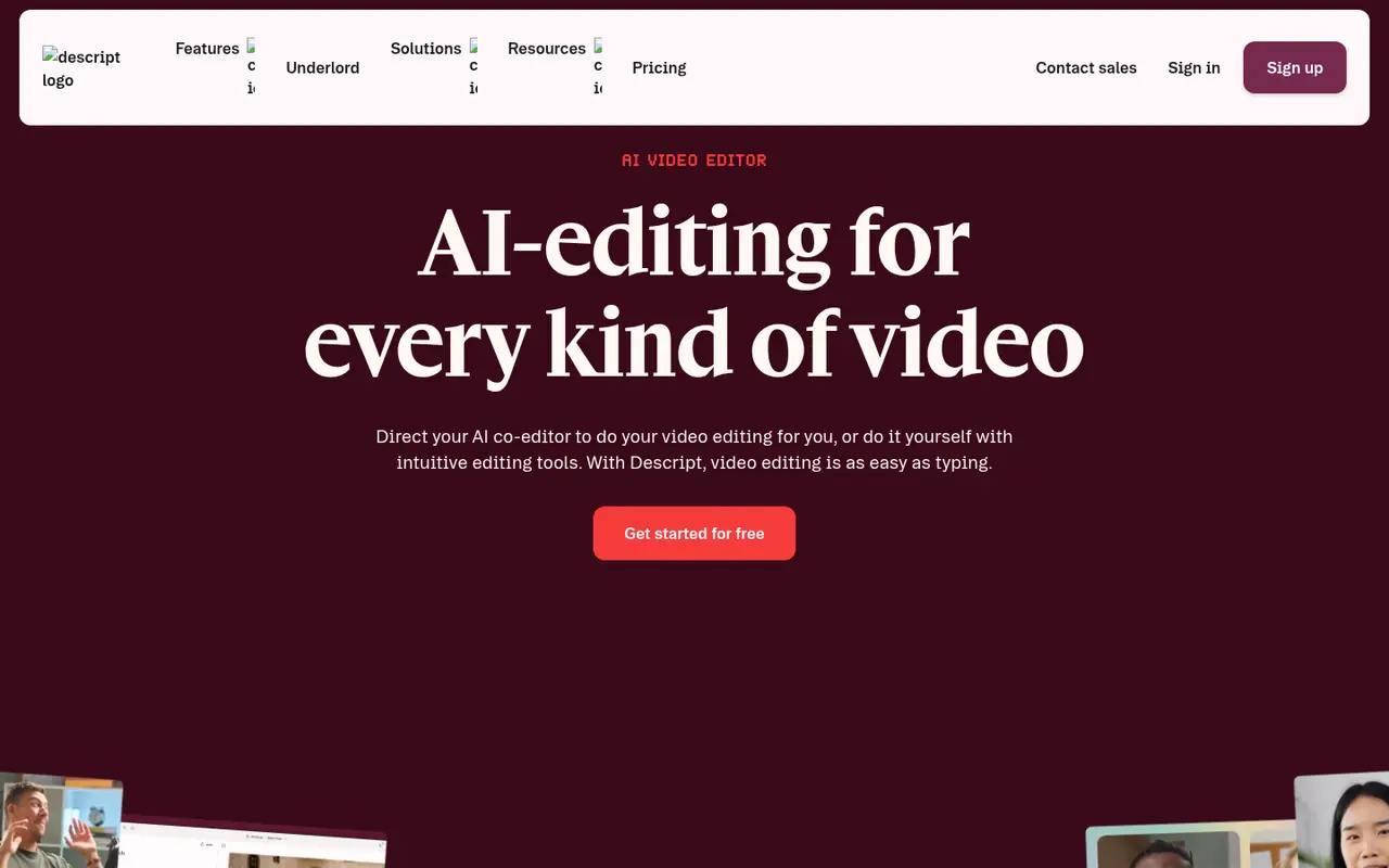 Screenshot of Descript's public home page