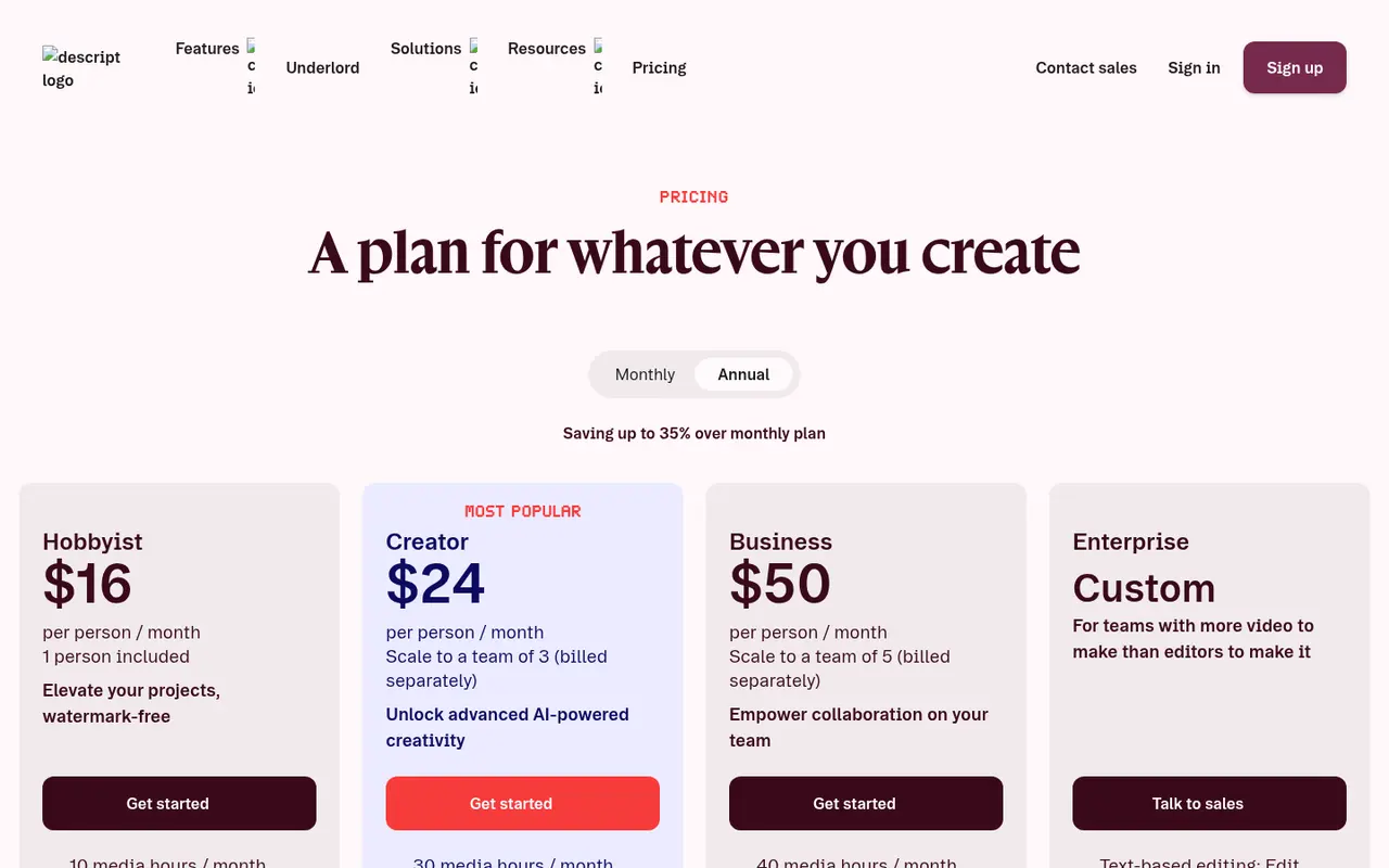 Screenshot of Descript's public pricing page