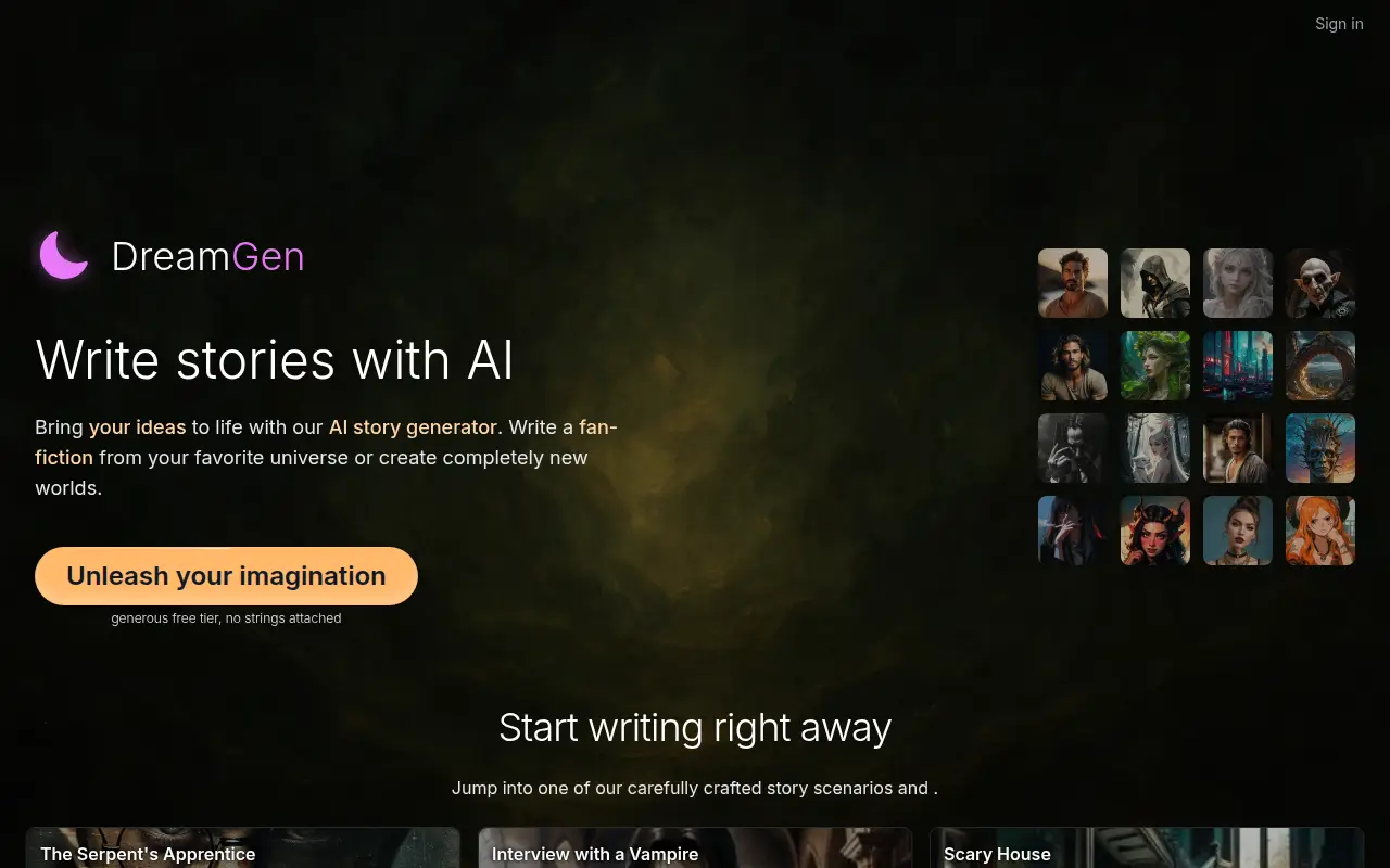 Screenshot of DreamGen's public home page, scrolled further down