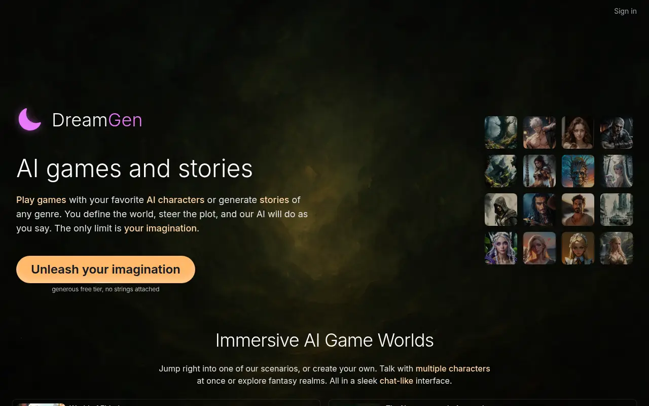 Screenshot of DreamGen's public home page