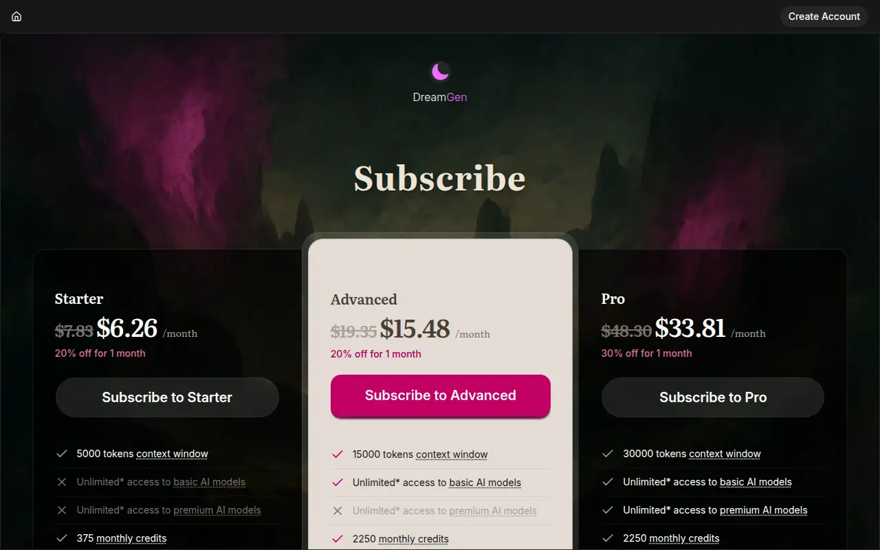 Screenshot of DreamGen's public pricing page
