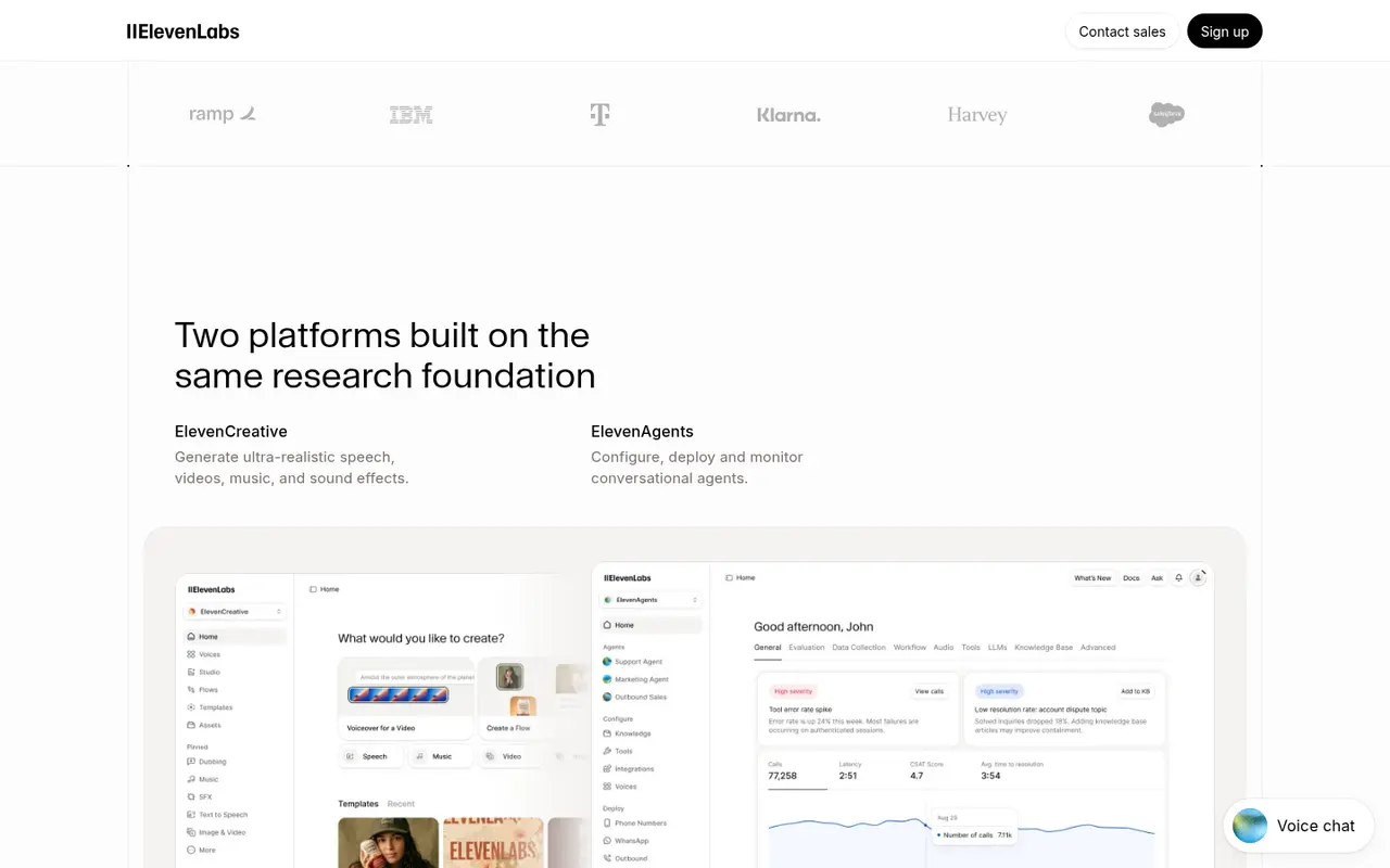 Screenshot of ElevenLabs's public home page, scrolled further down