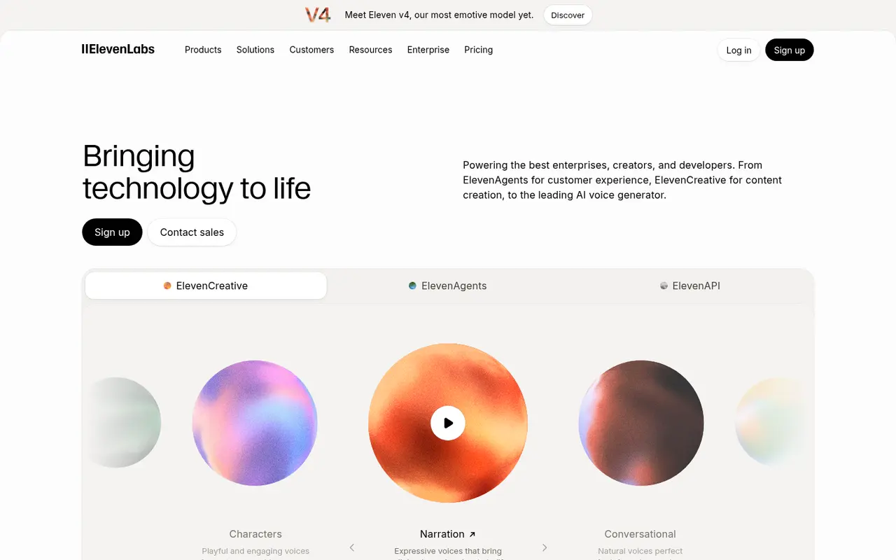 Screenshot of ElevenLabs's public home page