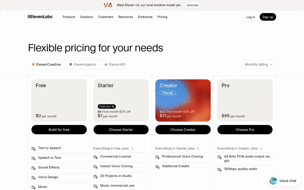 Screenshot of ElevenLabs's public pricing page