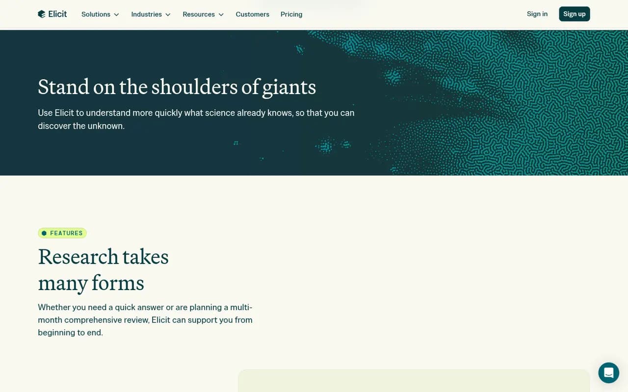 Screenshot of Elicit's public home page, scrolled further down