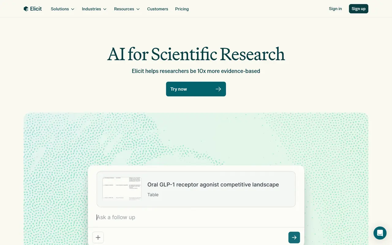 Screenshot of Elicit's public home page