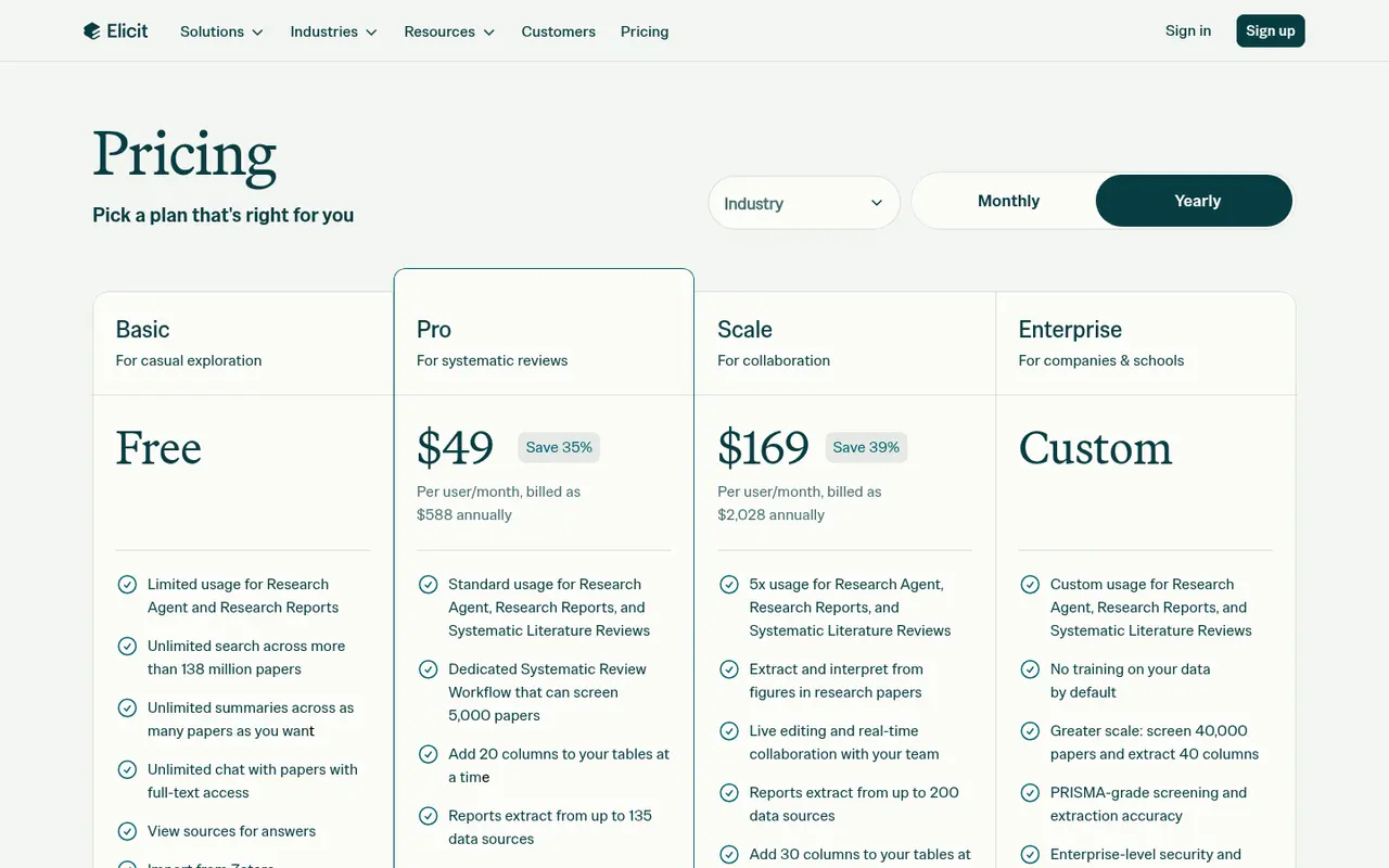 Screenshot of Elicit's public pricing page