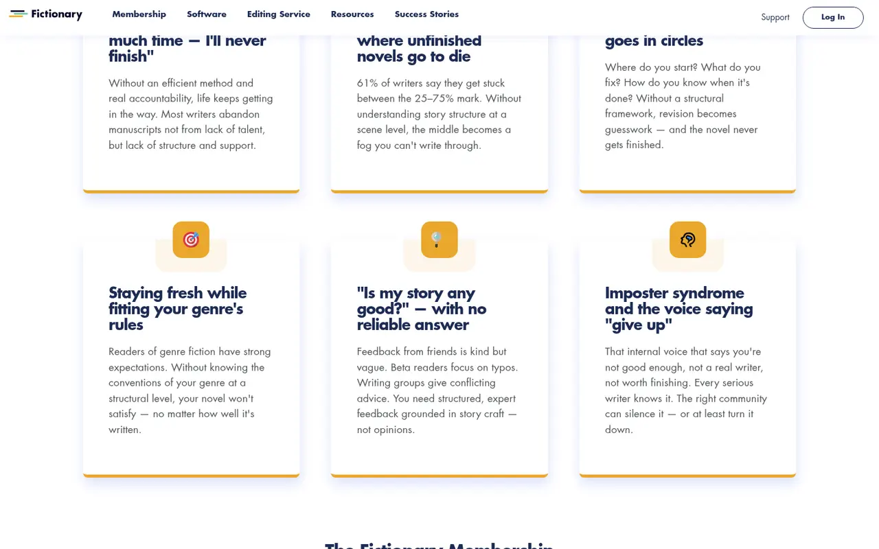 Screenshot of Fictionary's public home page, scrolled further down