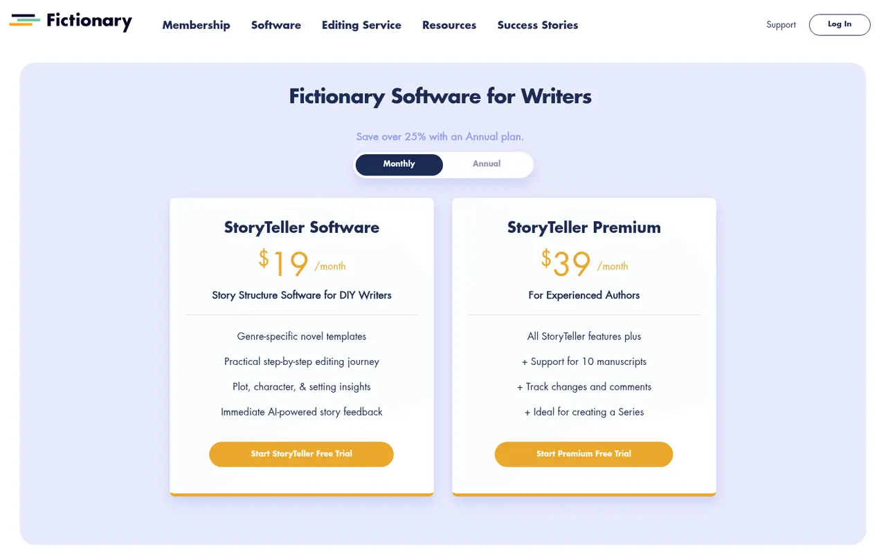Screenshot of Fictionary's public pricing page
