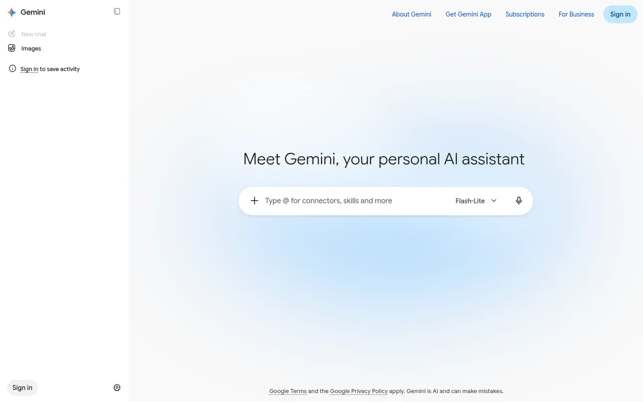 Screenshot of Gemini's public home page