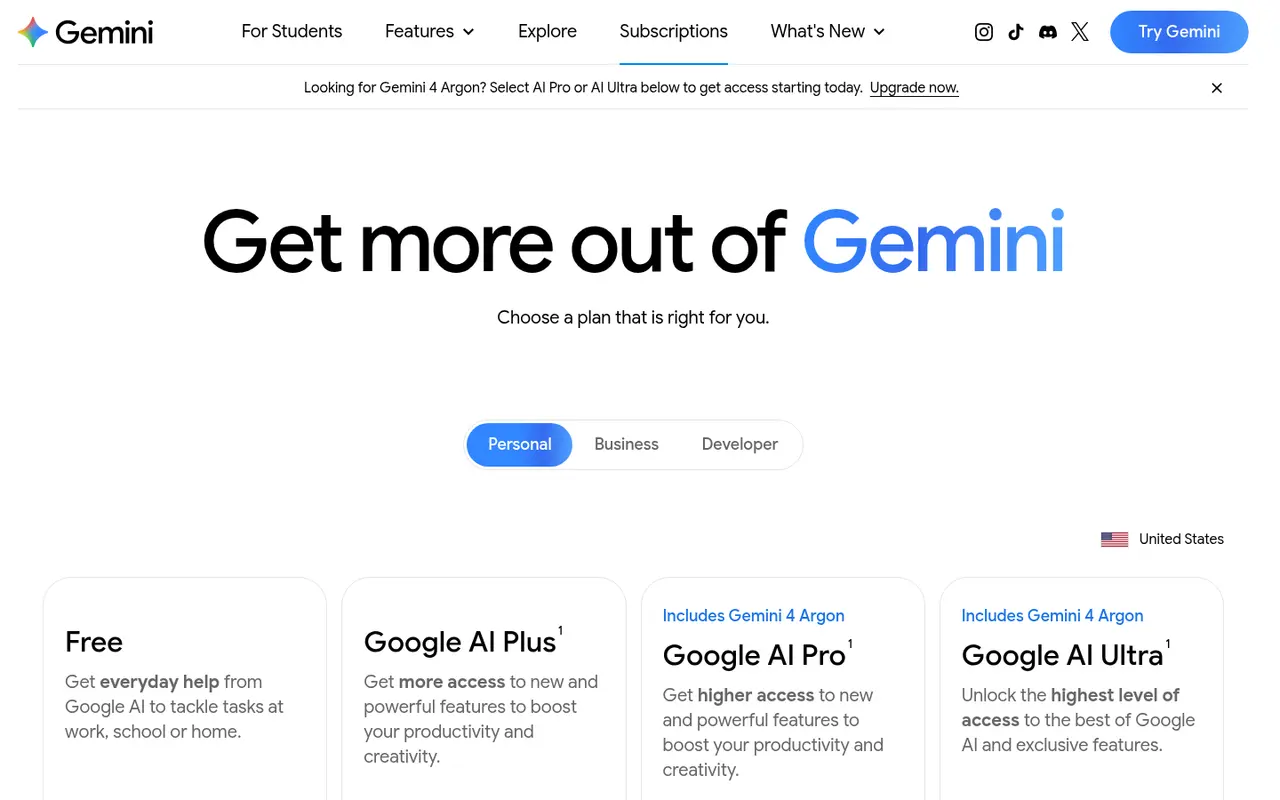 Screenshot of Gemini's public pricing page