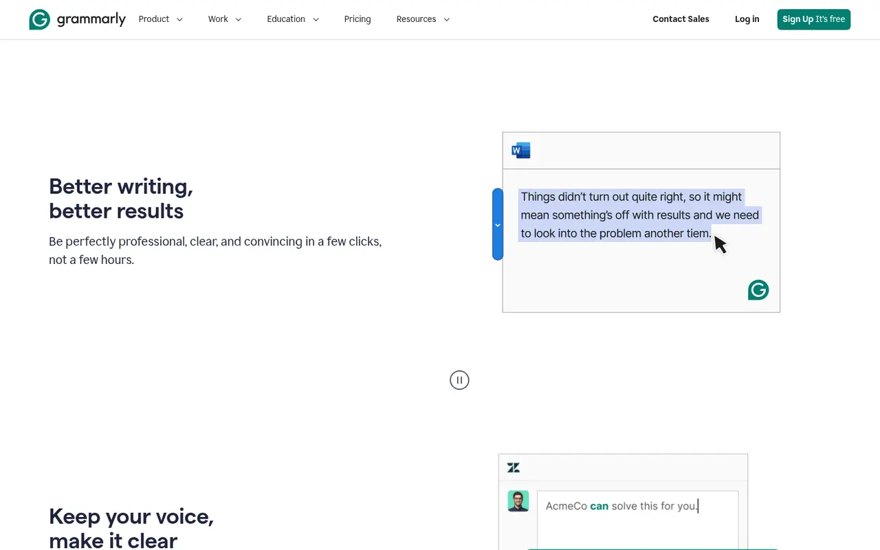Screenshot of Grammarly's public home page, scrolled further down